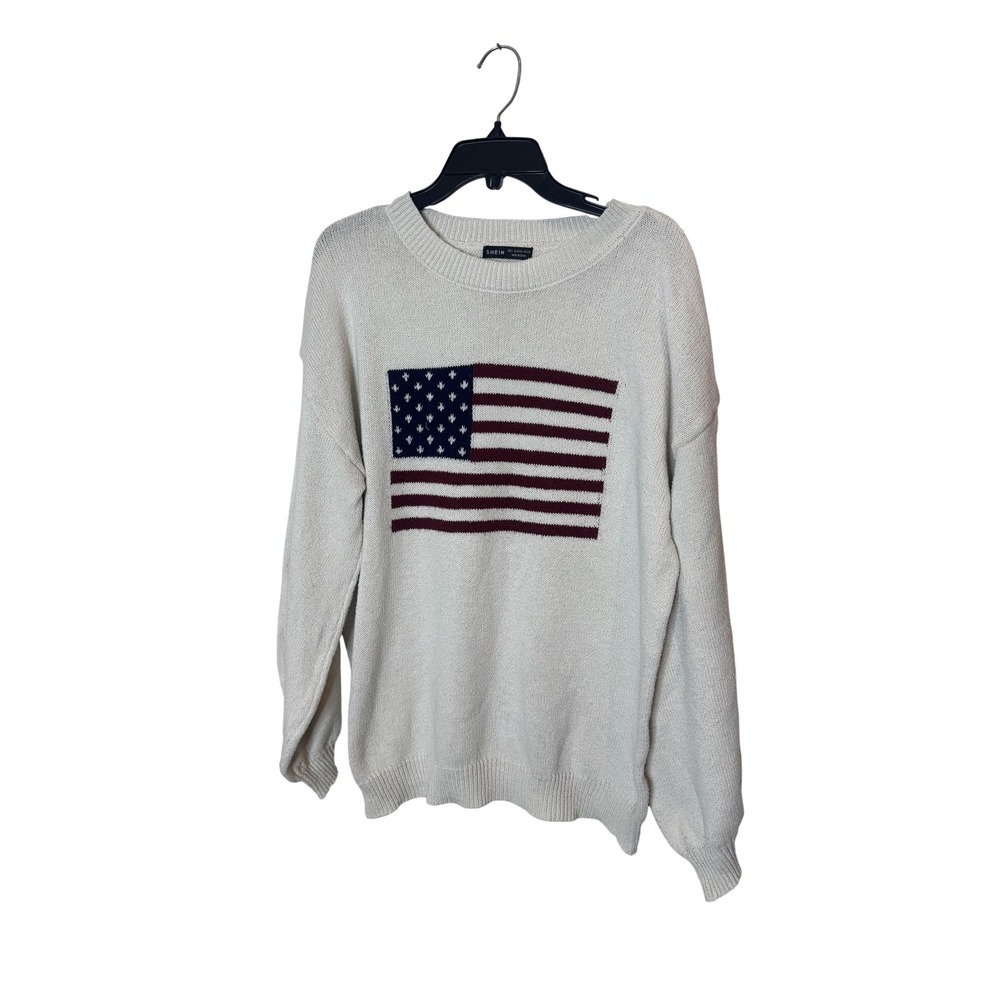 SheIn Sweater Womens Large White USA Flag Crewneck Knit Pullover Patriotic